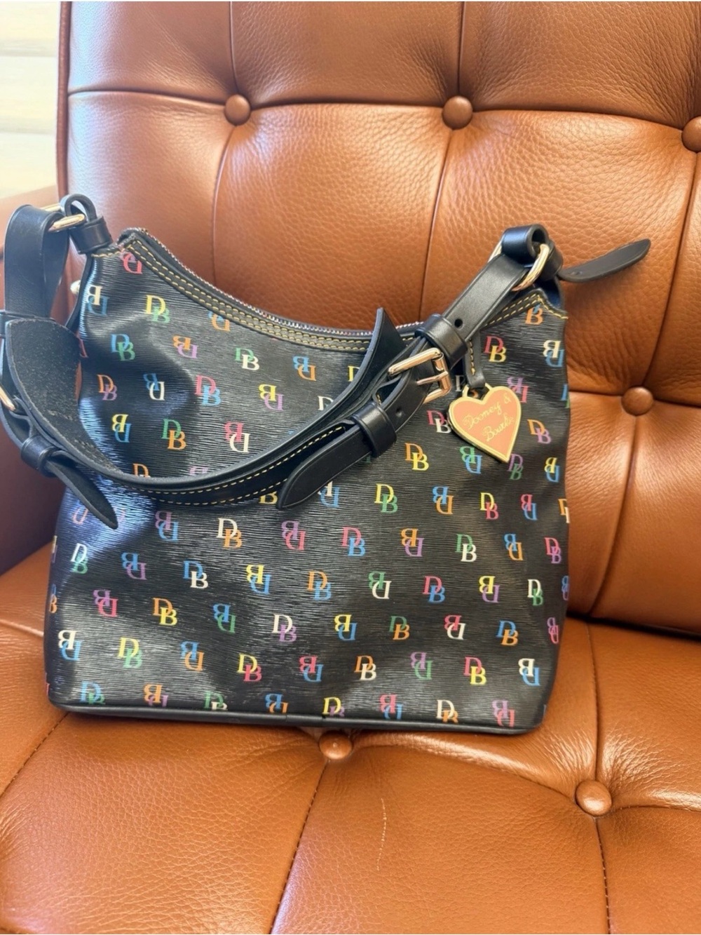 Vintage Y2K Dooney & Bourke Rainbow DB Monogram Black Hobo Shoulder Bag Rare